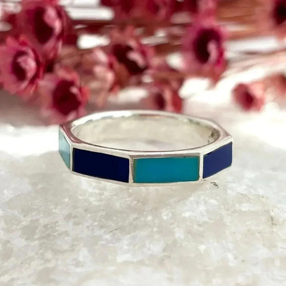 Sterling Turquoise Inlay Vintage Rare Flat Sided Ring - sz 9.75 - Picture 1 of 7